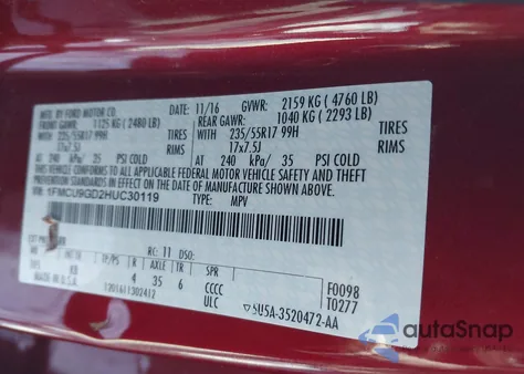 2017 Ford Escape Se из США, поврежденный, VIN 1FMCU9GD2HUC30119